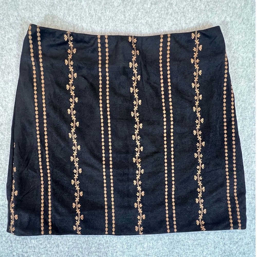 Altar'd State Mini Skirt Womens M Black Copper Embroidered Faux Suede Boho